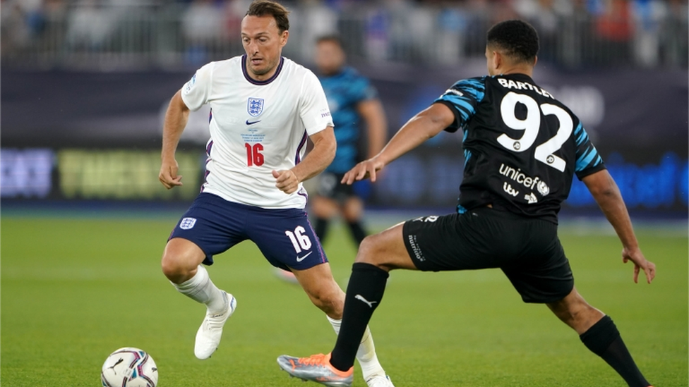 England"s Mark Noble shoots at goal during the Soccer Aid for UNICEF match at The London Stadium