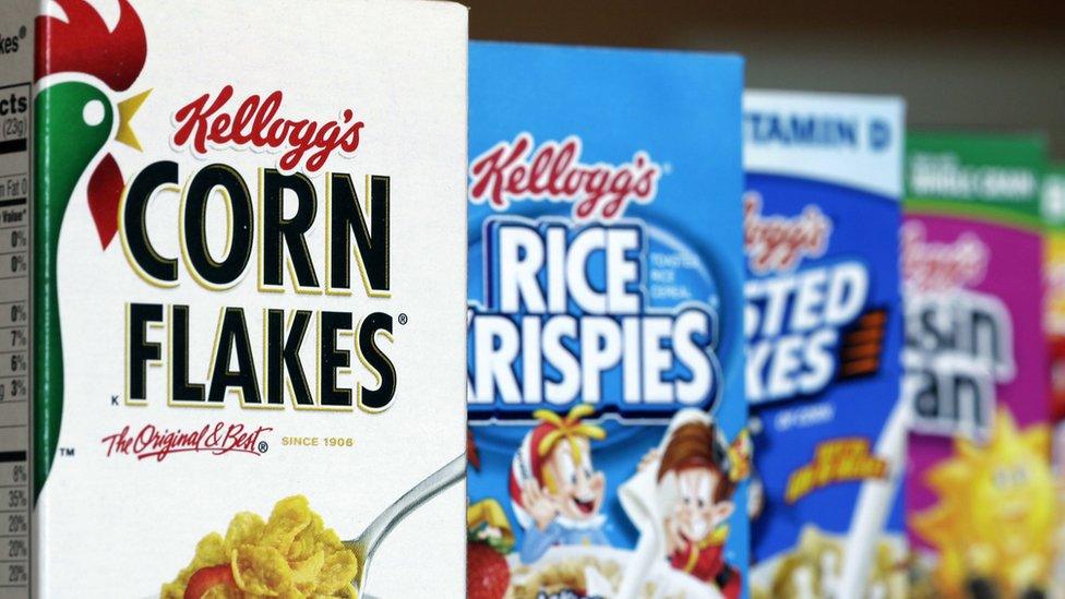 A row of Kellog's cereal boxes