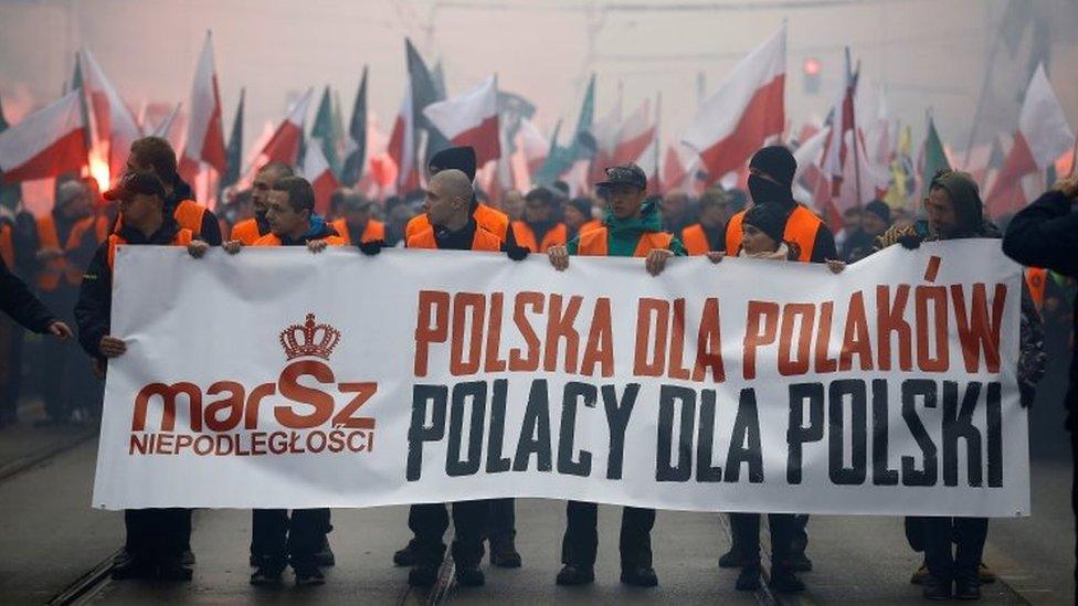 In 2015, some participants carried a banner that read Poland for Poles - Poles for Poland