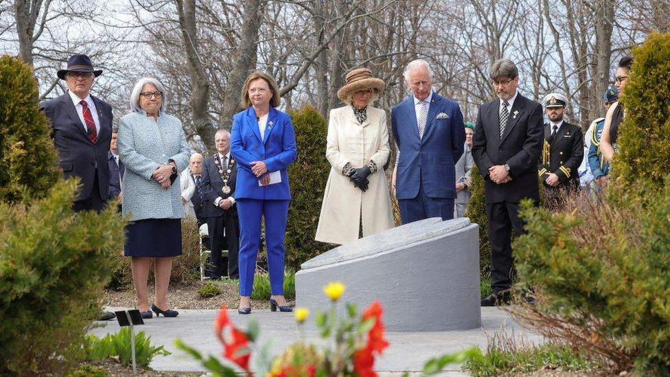 The Prince of Wales and the Duchess of Cornwall observe a moment of silence to honour and remember the Indigenous children who attended residential schools in Labrador and Northern Newfoundland