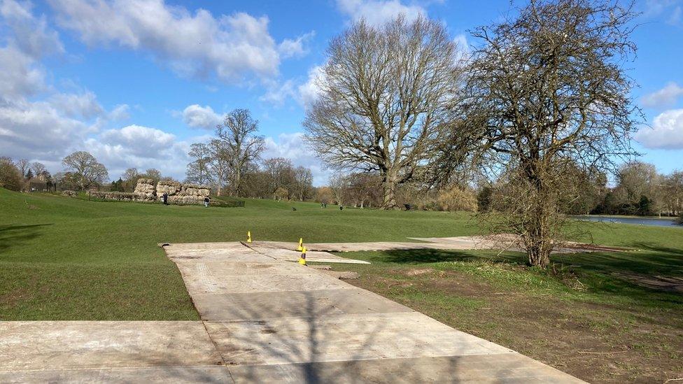 Temporary pathways for filming in Verulamium park