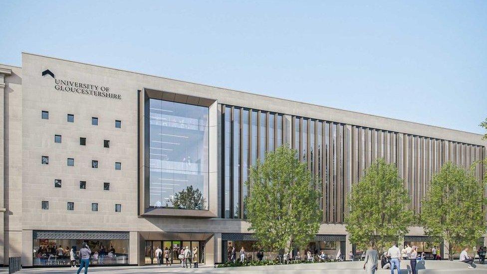 An artists impression of the exterior of the new University of Gloucestershire campus in Gloucester, which is currently being built