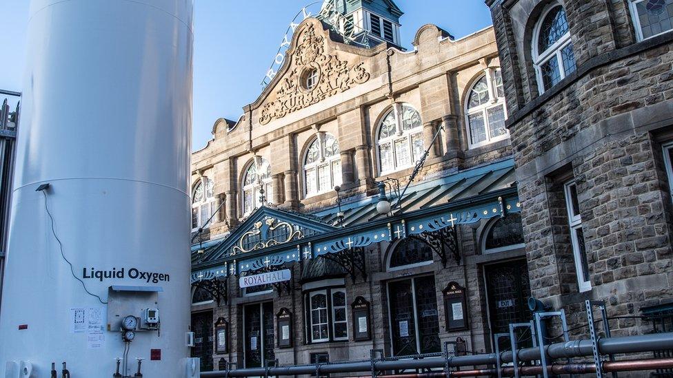 An oxygen cylinder outside the Royal Hall, Harrogate