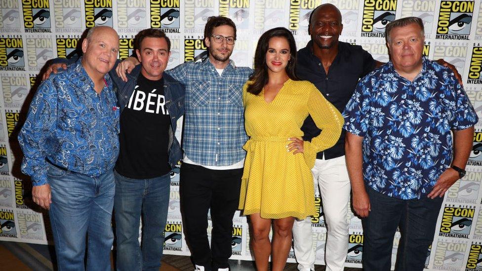 (Left to right) Dirk Blocker, Joe Lo Truglio, Andy Samberg, Melissa Fumero, Terry Crews and Joel McKinnon Miller from Brooklyn Nine-Nine