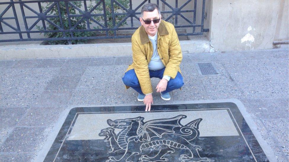 Cefyn pictured in front of Trelew town hall before meeting the Mayor