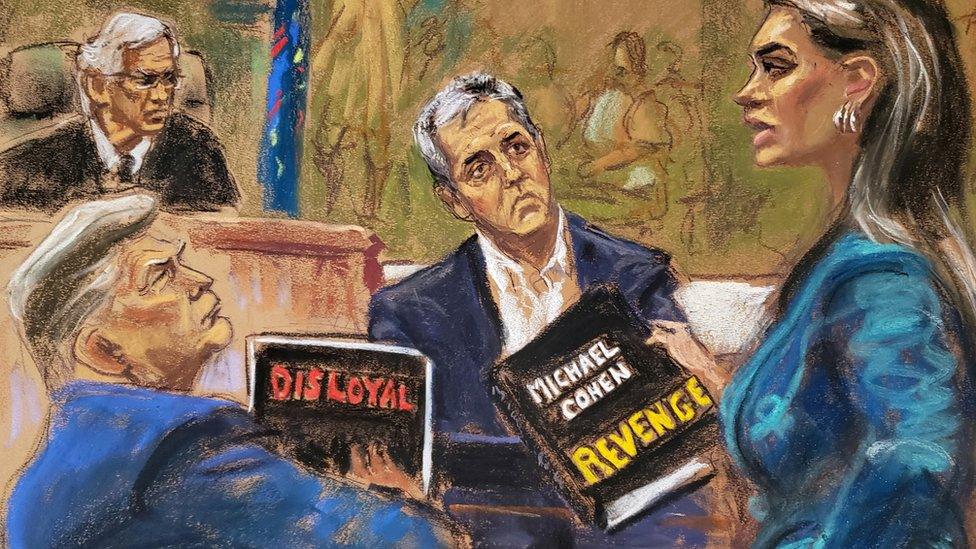 Court sketch of Michael Cohen and Donald Trump