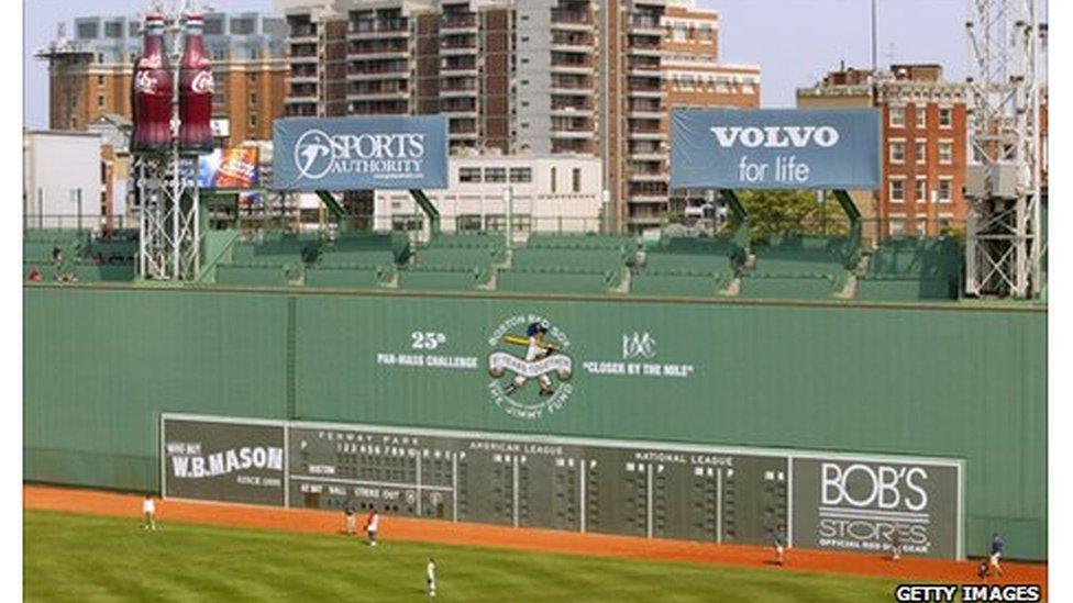 The "Green Monster" left-field fence at Fenway Park, Boston