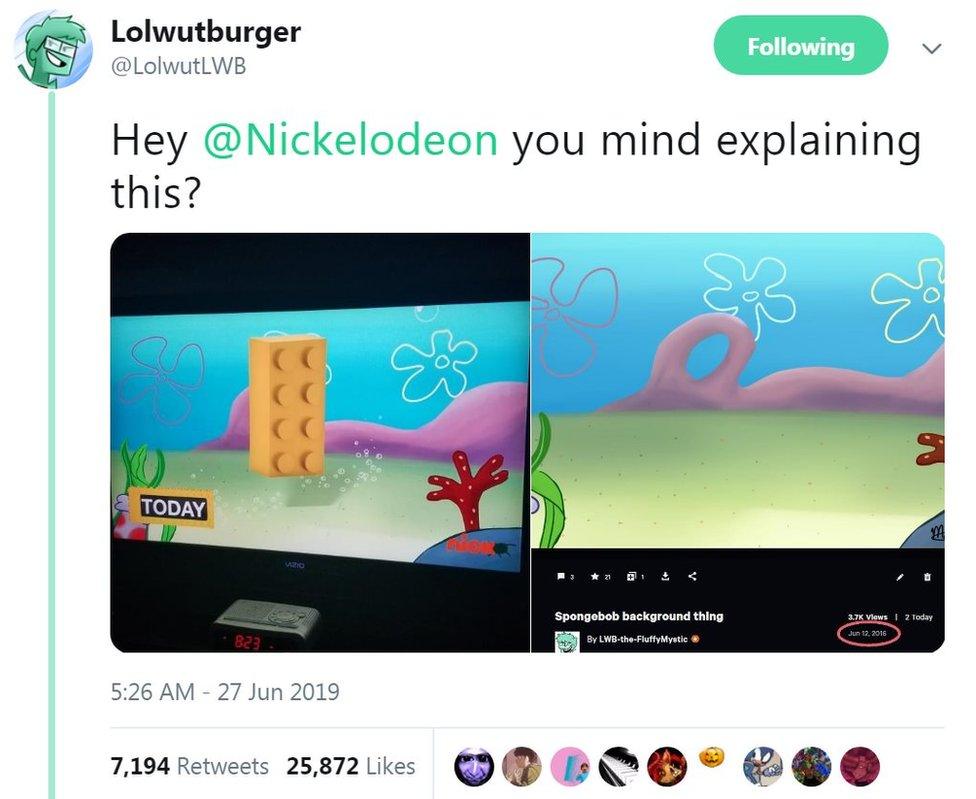 Matt Salvador's tweet. It has two pieces of art, one on DeviantArt, and one on a TV. He has written, "Hey Nickelodeon, you mind explaining this?"