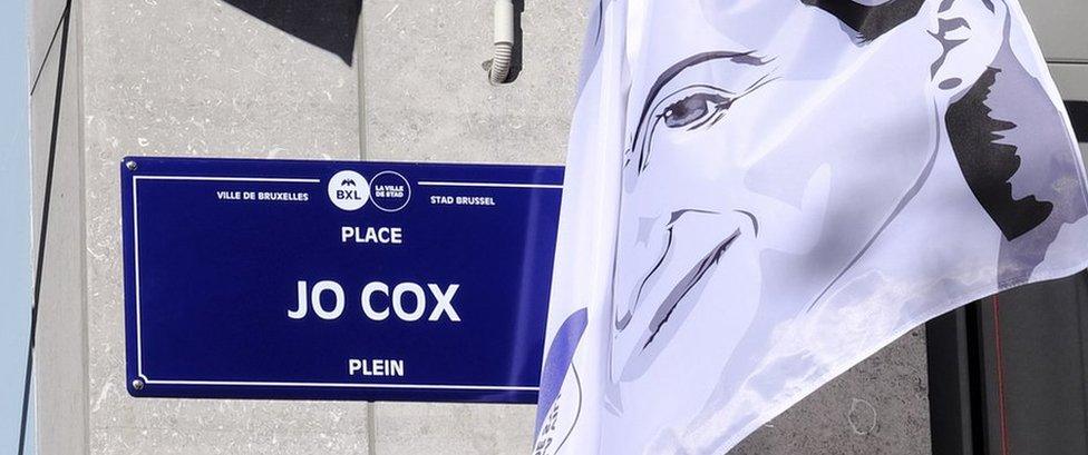 The name plate of Jo Cox square is unveiled during a ceremony to name a square after her, in Brussels, Belgium, 27 September 2018