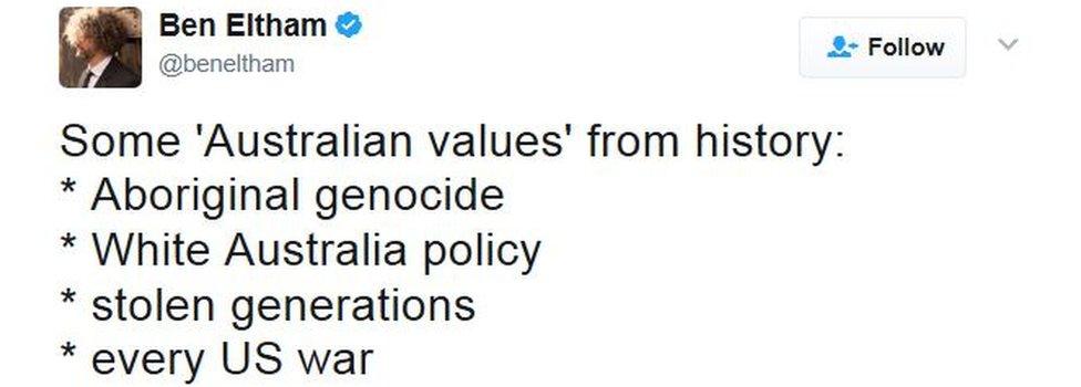 A tweet by Ben Eltham says: "Some Australian values from history: *Aboriginal genocide *White Australia policy *Stolen Generations *every US war"