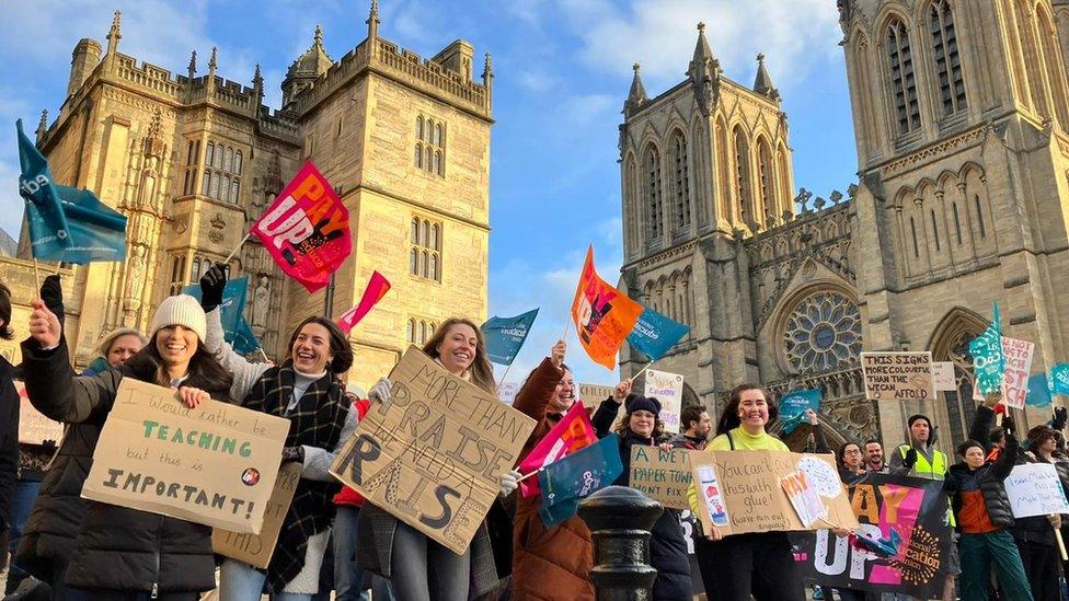 Teachers protesting outside Bristol Cathedral