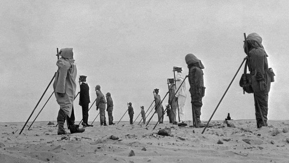 A group of dummies set up on the French nuclear weapons testing range near Reggane, Algeria, before Frances third atomic bomb test, 27th December 1960