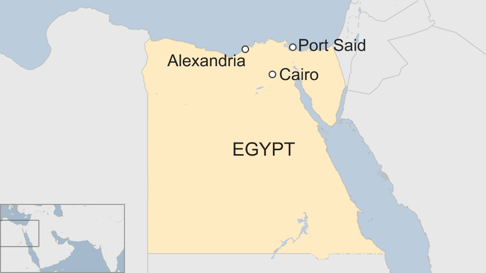 Map shows the location of Alexandria, Port Said and Cairo, Egypt