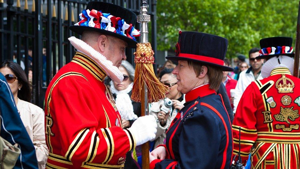 Beefeaters at The Tower of London, Yeoman Warder in uniform.