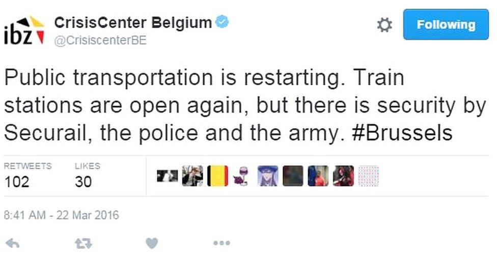 Crisis Center Belgium tweets: Public transportation is restarting. Train stations are open again, but there is security by Securail, the police and the army. #Brussels