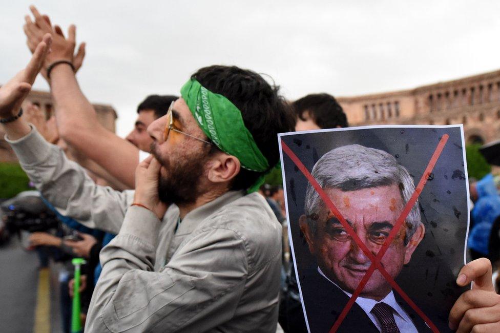 Protesters in Yerevan, 19 April