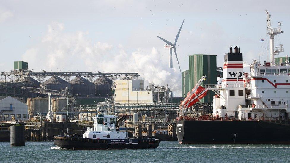 A general view of cargo ships in the Port of Rotterdam