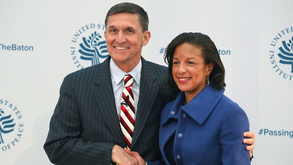 Susan Rice shakes hands with her then-incoming replacement, Michael Flynn, in January