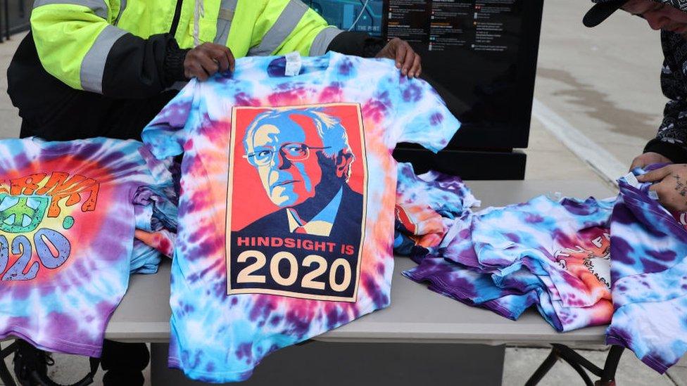 A t-shirt featuring Mr Sanders' picture bears the words 'Hindsight is 2020'