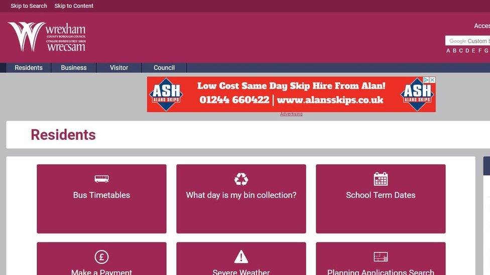 Screen grab of Wrexham council's website showing an advert