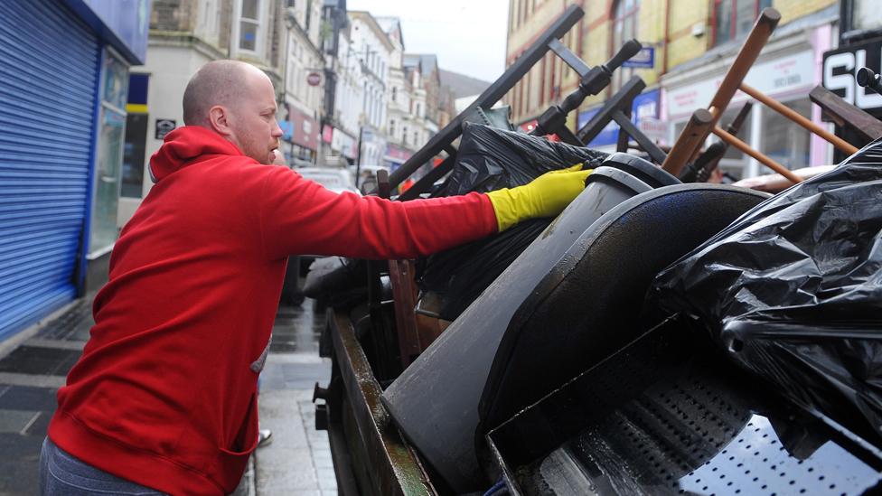 Clearing up in the centre of Pontypridd on Monday