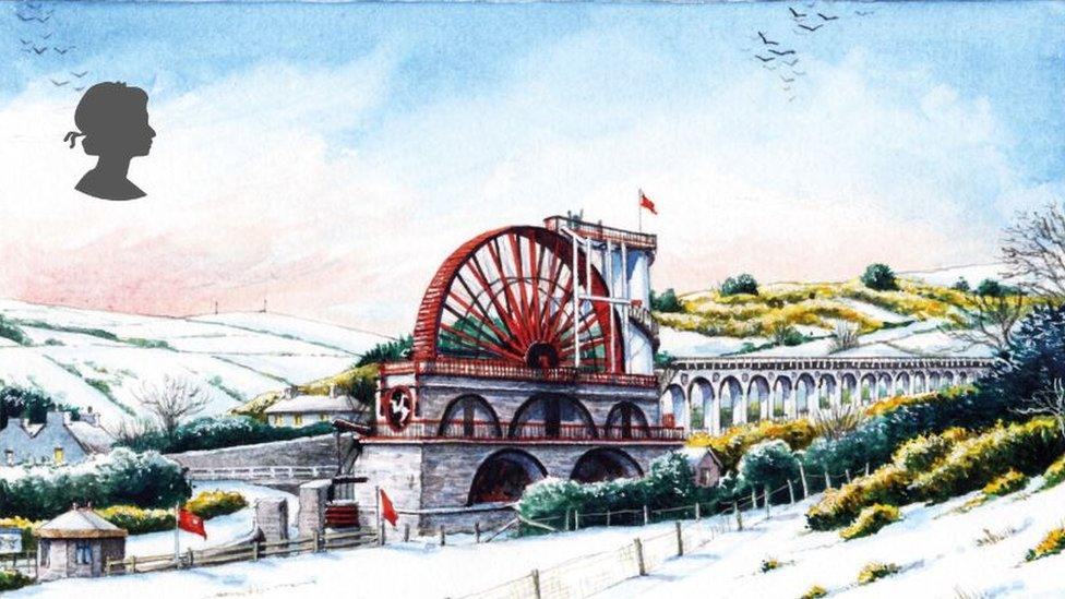 Stamp featuring the Laxey Wheel