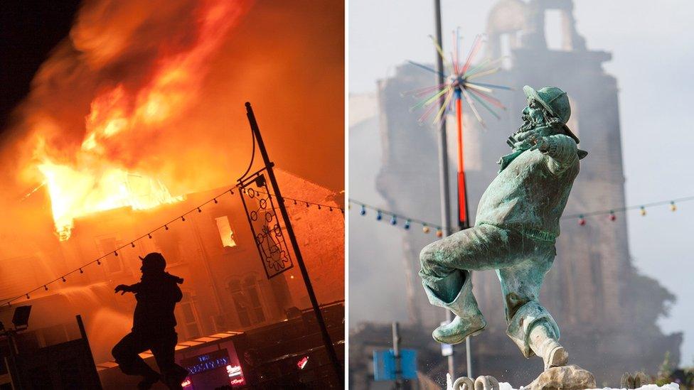 Composite image of blaze and aftermath