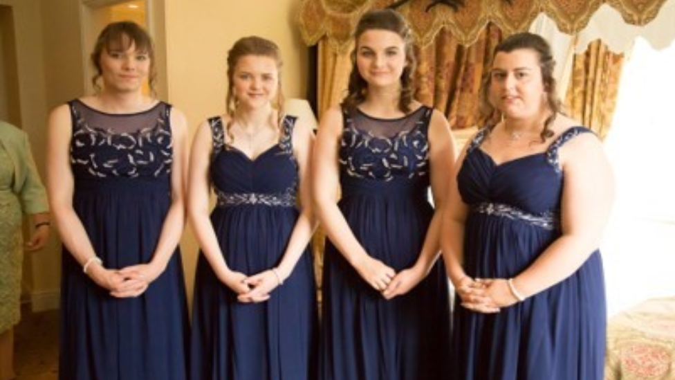 Stacy Winson as a bridesmaid with others, at her sisters' wedding