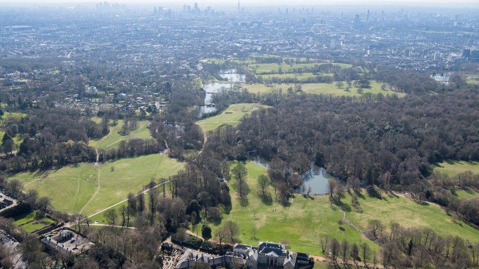 Aerial view of Hampstead Heath with Kenwood House at the bottom and London's skyline at the top