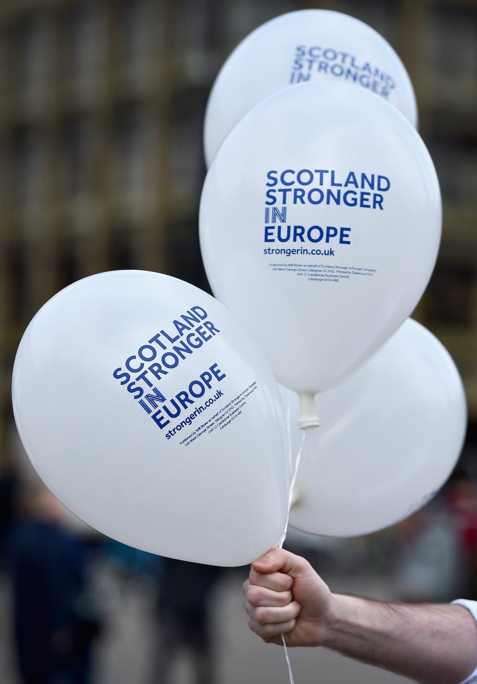 Balloons printed with "Scotland stronger in Europe"