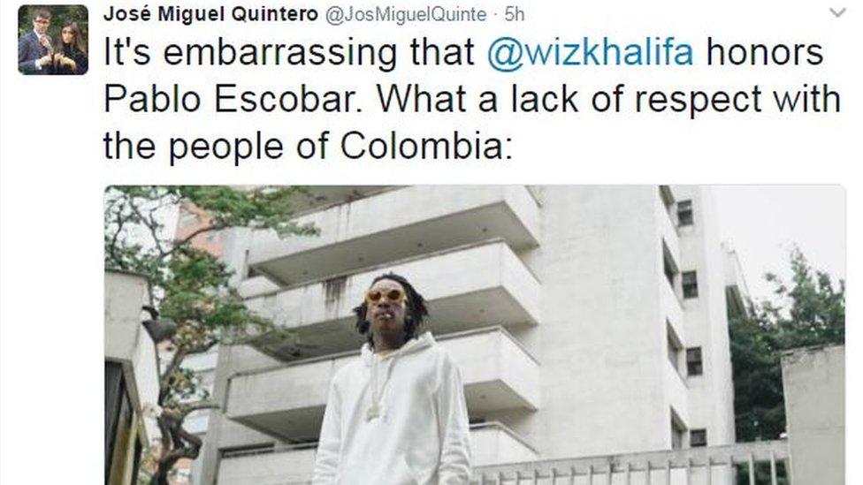 Tweet by Jose Miguel Quintero reading: "It's embarrassing that @wizkhalifa honors Pablo Escobar. What a lack of respect with the people of Colombia"