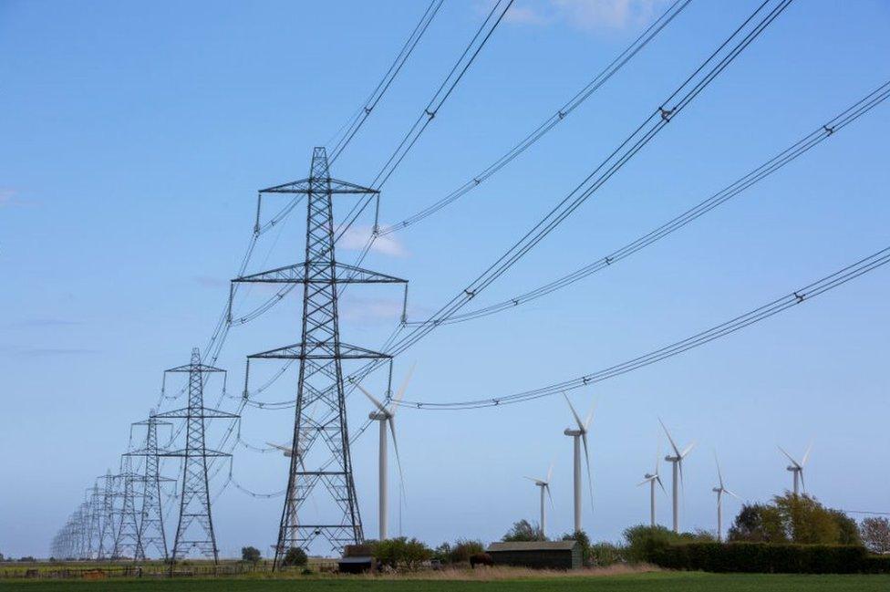 Power pylons and a wind farm