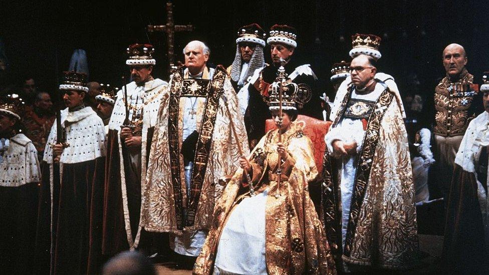 Queen Elizabeth and other royal officials, coronation ceremony