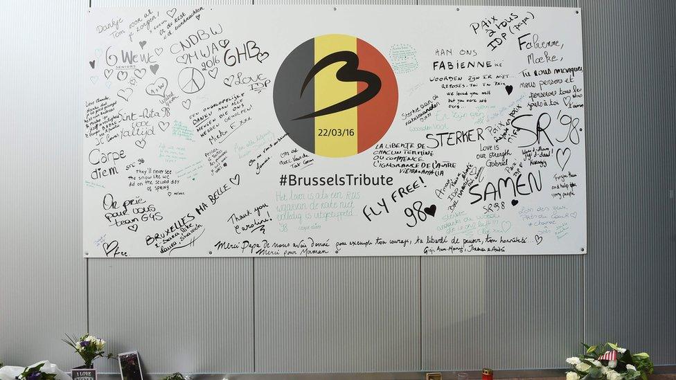 Messages of condolences left by Brussels Airport staff to the victims of twin suicide attacks