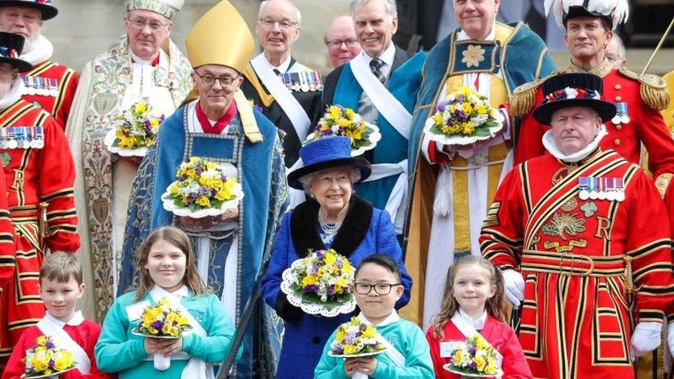 The Queen holding a nosegay after the Royal Maundy service