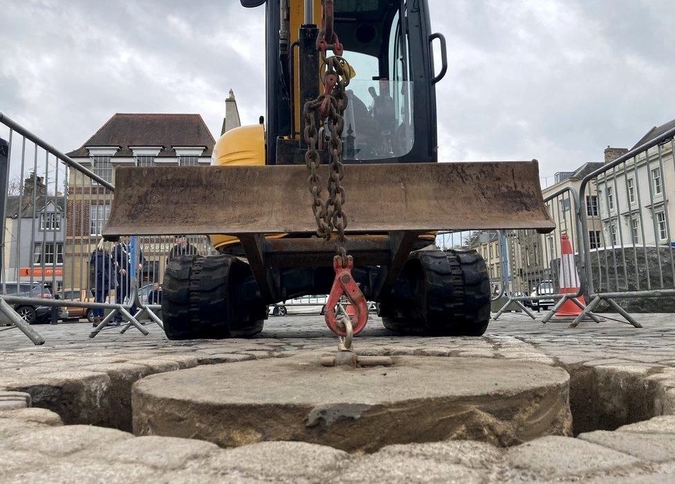 Workmen spent several days freeing the historic bull ring in Kelso's market square