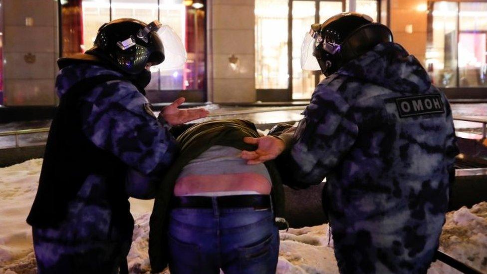 Russian police detain a man in Moscow. Photo: 2 February 2021