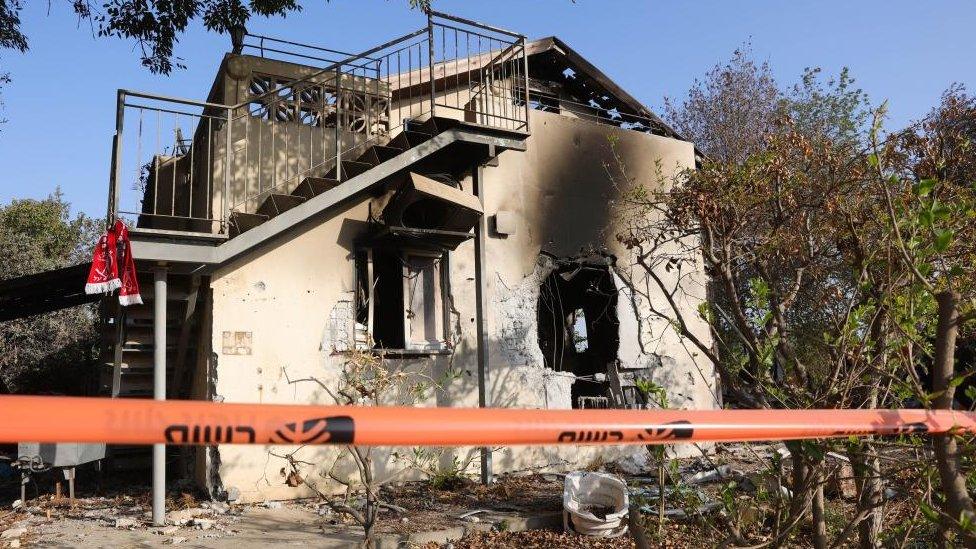 A ruined house in Kibbutz Beeri, near the border with Gaza in southern Israel , 25 October 2023