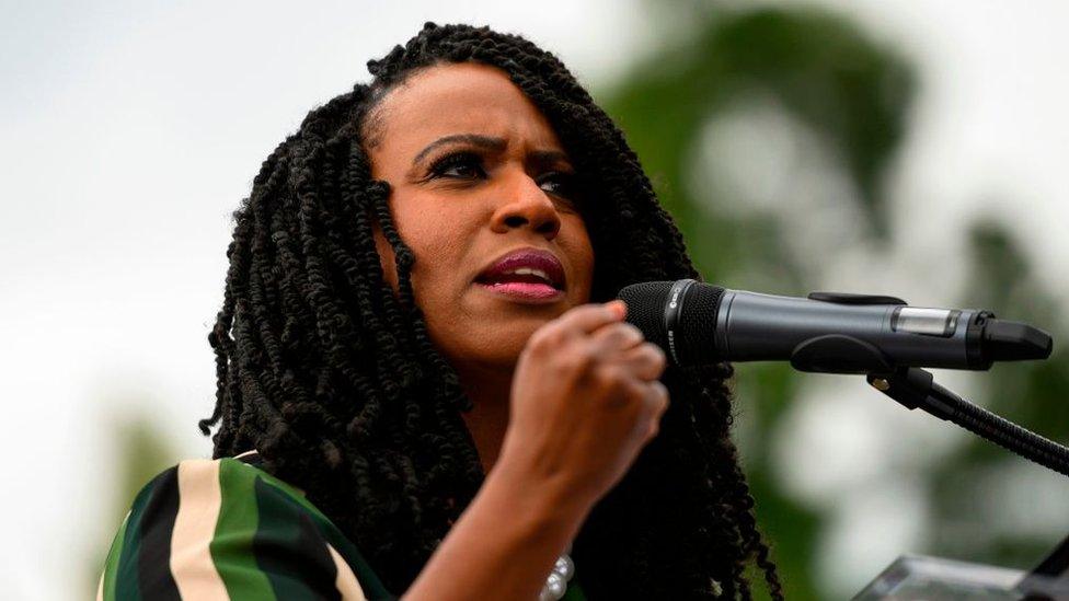 Ayanna Pressley speaking at podium