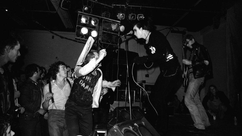 Dave Vanian and Captain Sensible of The Damned on stage at Leeds Polytechnic