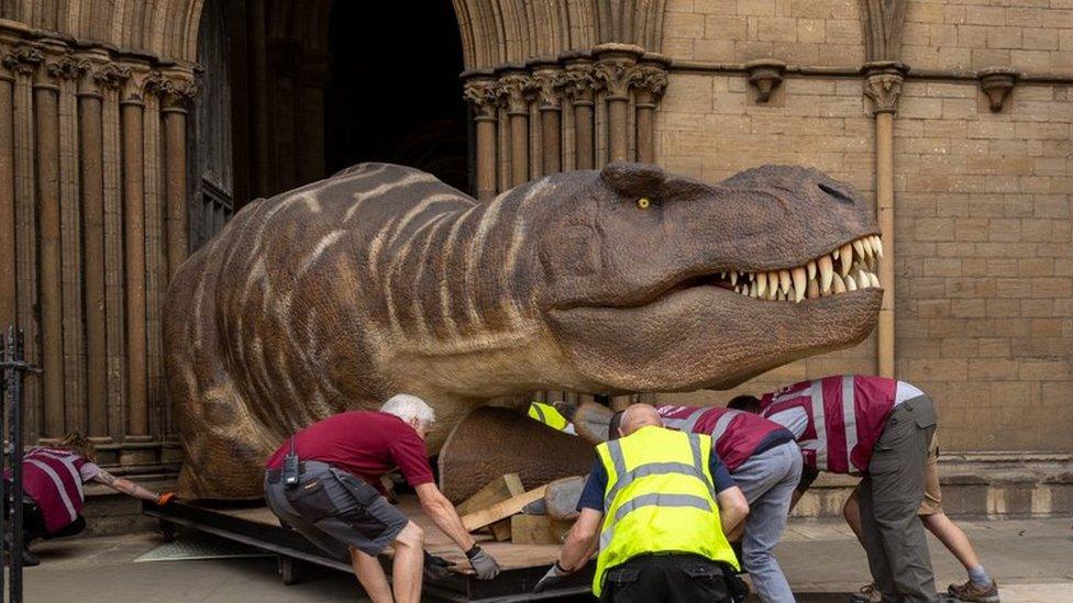 Model dinosaur outside Peterborough Cathedral