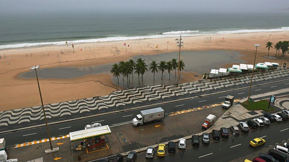 View of a flooded section of Copacabana beach