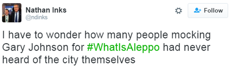 A tweet reads: "I have to wonder how many people mocking Gary Johnson for #WhatIsAleppo had never heard of the city themselves"