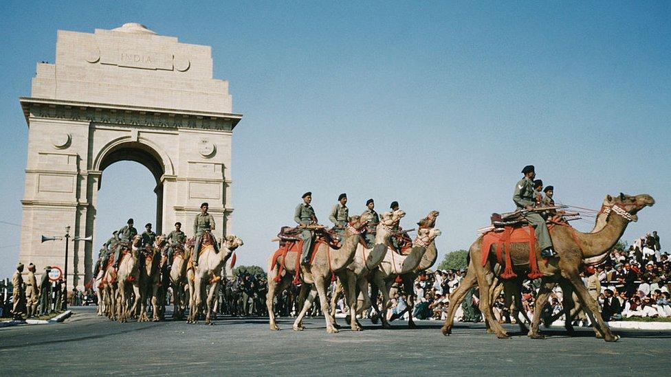 A military parade past India Gate on on Republic Day