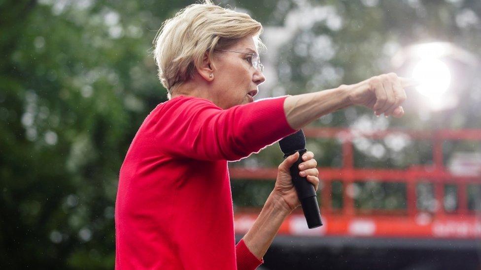 Elizabeth Warren stands on stage at the Polk County Steak Fry