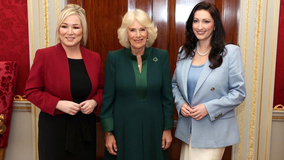 Queen Camilla poses with First Minister Michelle O'Neill and Deputy First Minister of Northern Ireland Emma Little-Pengell