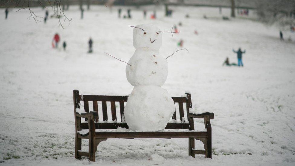 Snowman on a bench