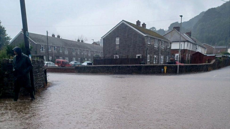 Residential roads were flooded in Port Talbot, Wales