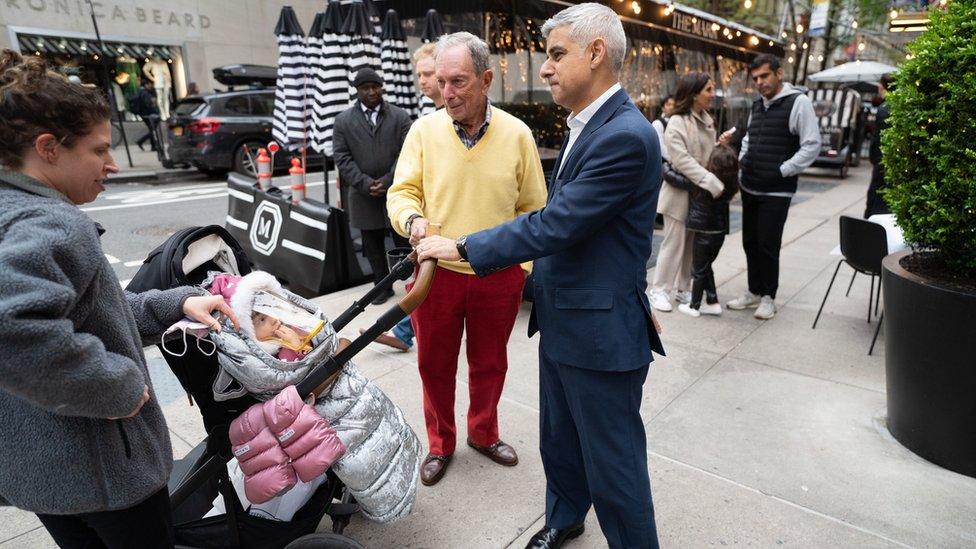 Mayor of London Sadiq Khan (right) meets former New York mayor, Michael Bloomberg in New York City