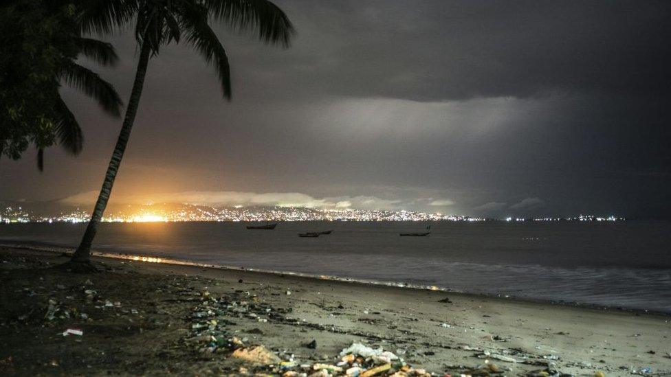 Freetown skyline from the beach from where the ferries linking the airport to the Sierra Leone capital leave